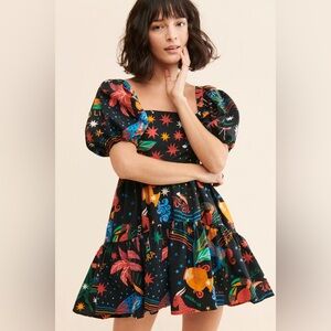 Colorful Patterned Puff Sleeve Dress